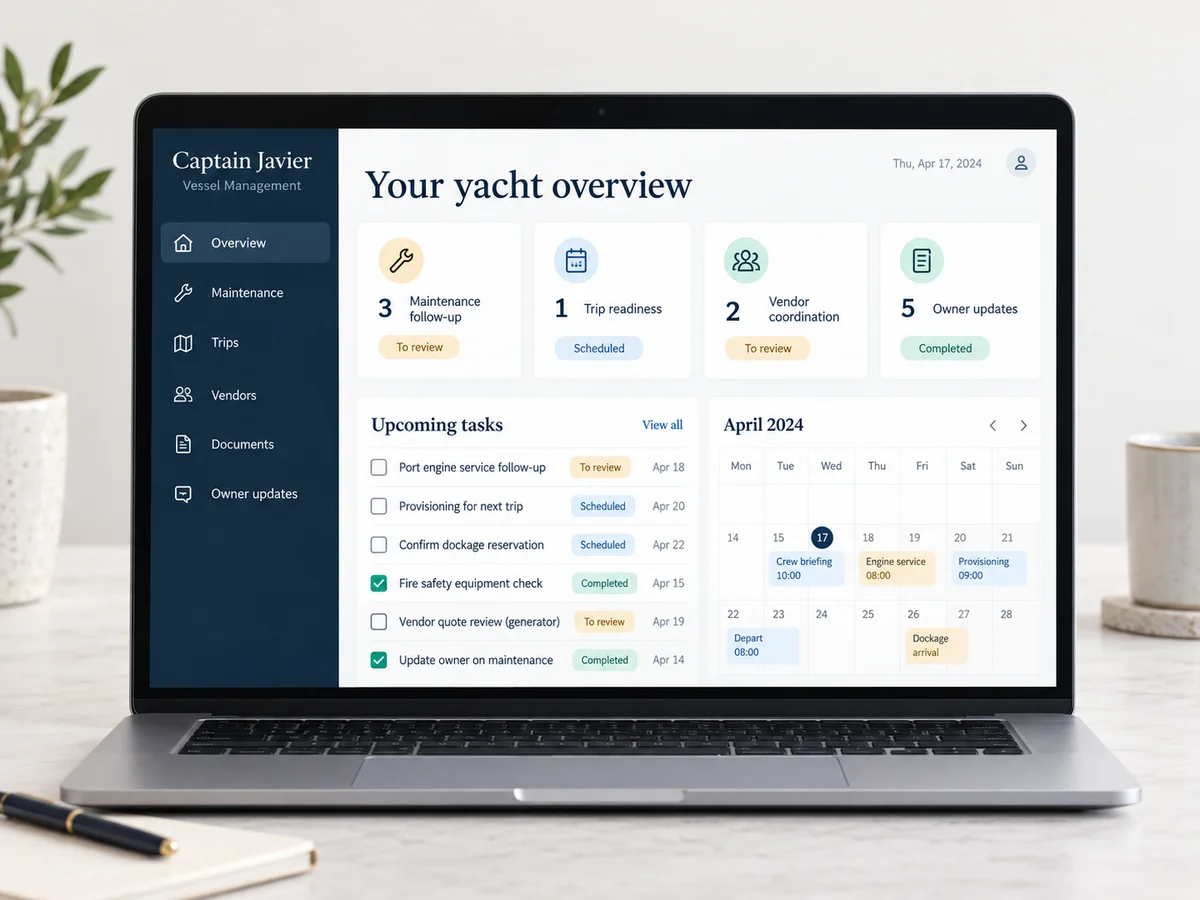 Illustration of Captain Javier's yacht management dashboard on a single laptop, with maintenance, trip readiness, vendor coordination and owner updates